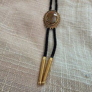 True Vintage Western Biker Boho Leopard/Picture Jasper, Gold & Velvet Bolo Tie